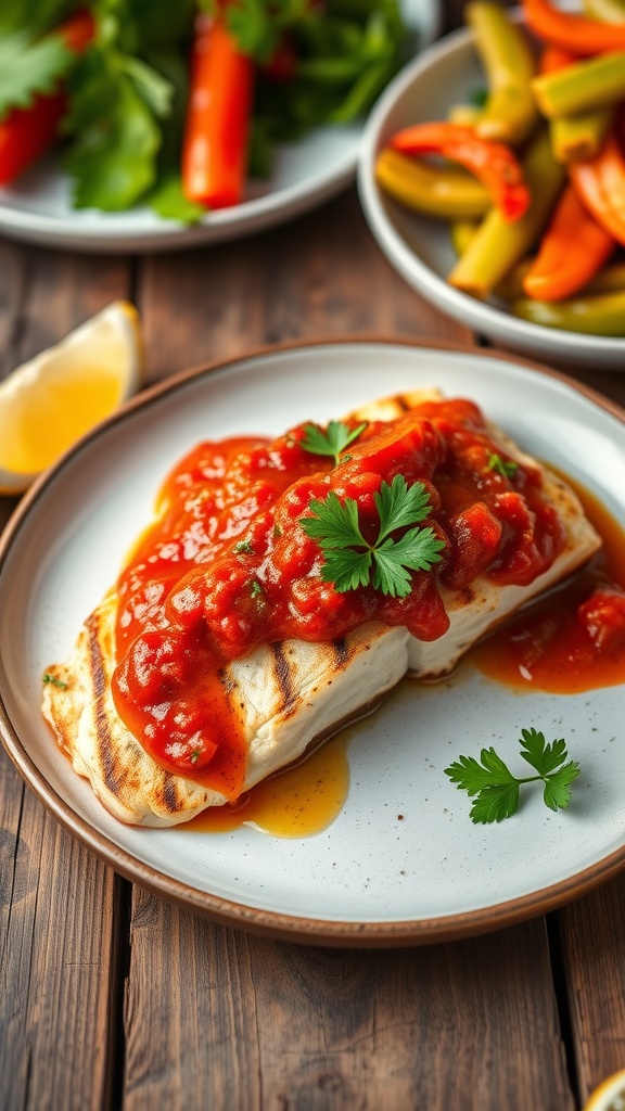 Grilled mahi mahi with roasted red pepper sauce, garnished with parsley, served on a wooden table with vegetables.